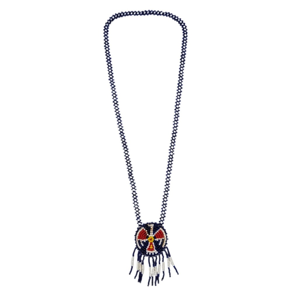 VTG 70s Thunderbird Beaded Medallion Necklace Fringe Blue‎ Red Southwestern Folk